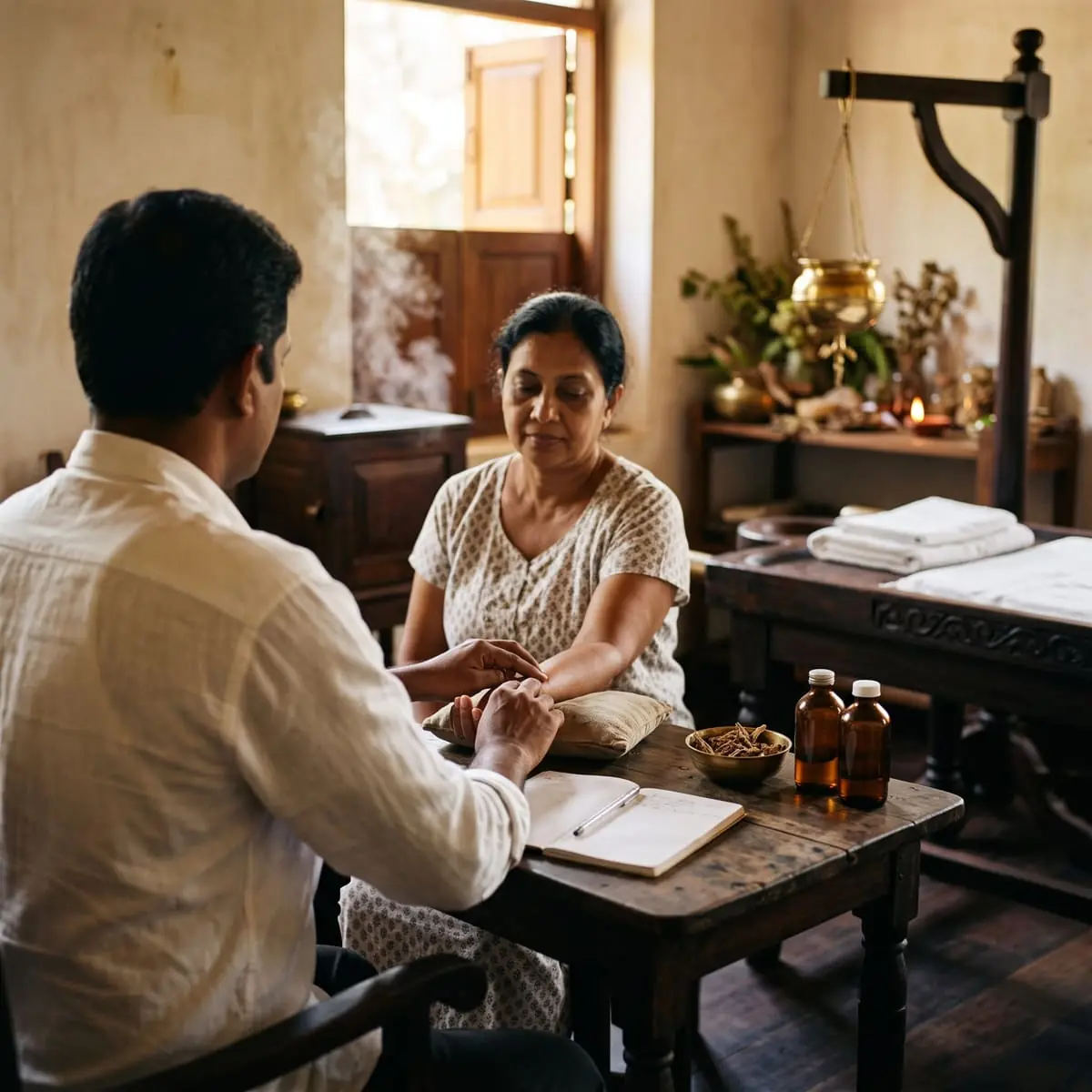 An Ayurvedic doctor reading a patient's pulse (Nadi Pariksha) in a traditional treatment room