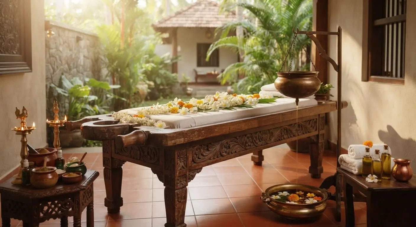 An authentic Ayurvedic treatment room in Sri Lanka with carved antique mahogany Droni wooden treatment table