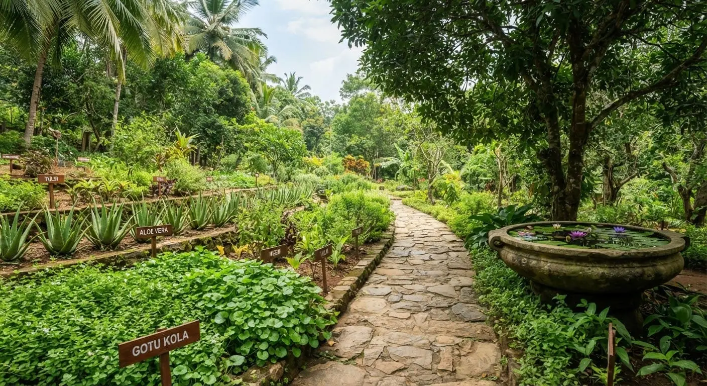 An expansive living Ayurvedic botanical garden in Minuwangoda with lush green medicinal flora