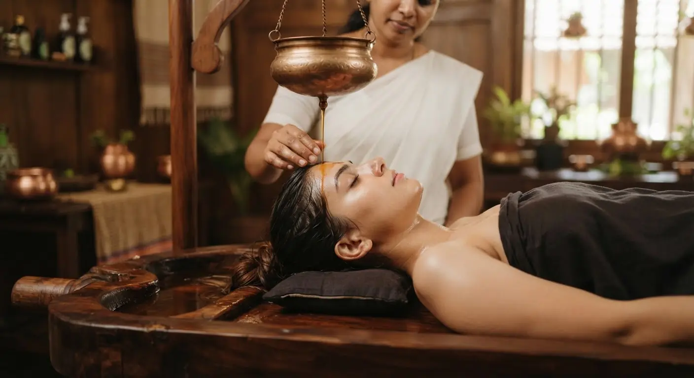 Close up of a traditional Ayurvedic Shirodhara therapy in progress