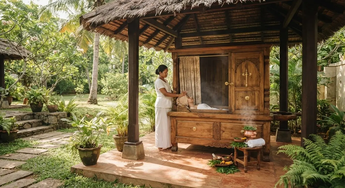 Traditional Sri Lankan Ayurvedic steam chamber Swedana in an open garden treatment pavilion