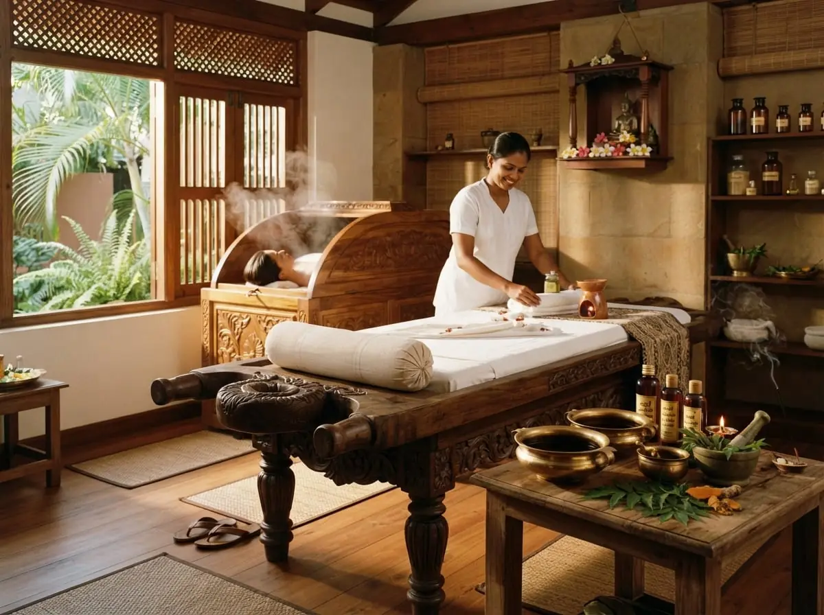 Ayurvedic treatment room with a carved wooden droni