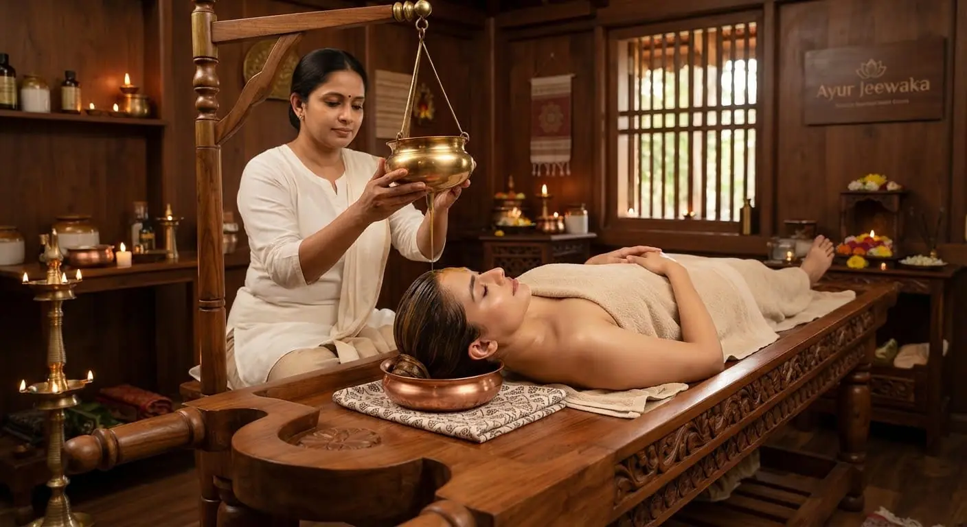 Authentic classical Ayurvedic Shirodhara treatment taking place in a warm timber treatment room