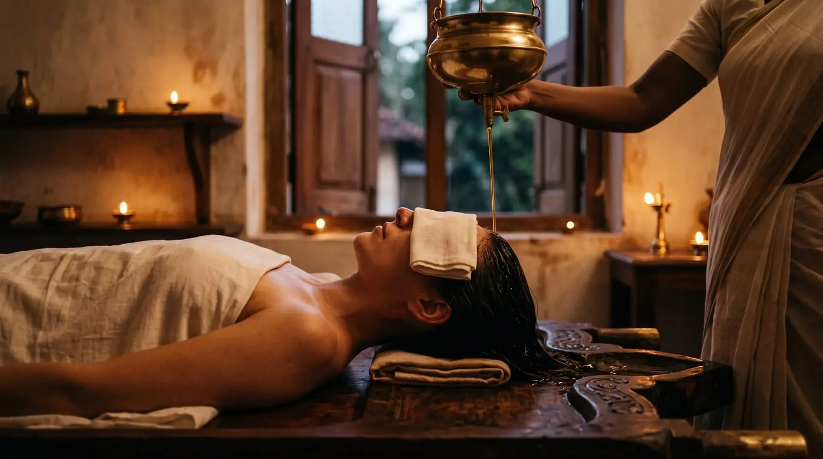 Shirodhara by lamplight: warm oil poured onto the forehead from a brass vessel